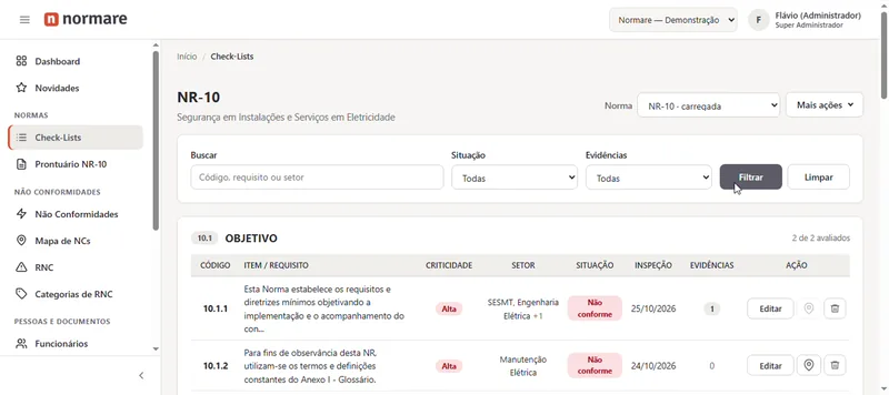 Check-list da NR-10 com itens por código, criticidade, setor, situação e evidências