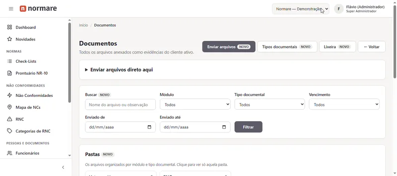 Documentos do Normare com busca e filtros por módulo, tipo documental e vencimento