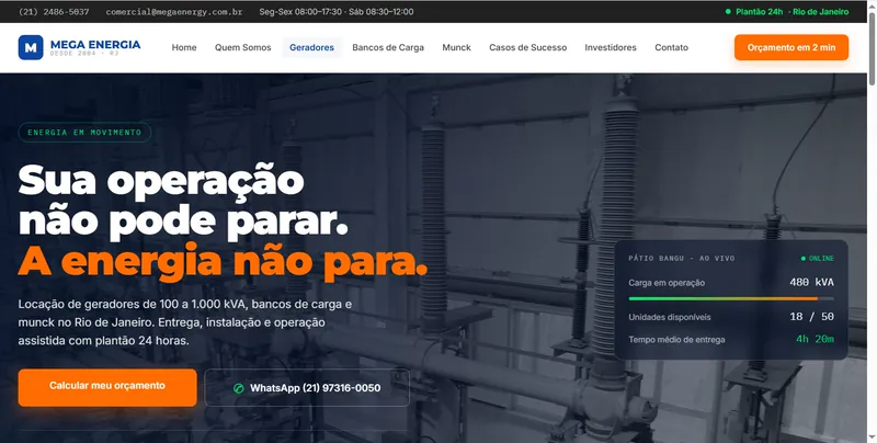 Página inicial do site da Mega Energia