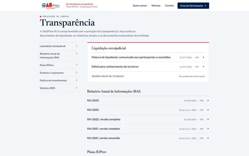 Página inicial do novo site da OABPrev-RJ, com documentos de transparência organizados por assunto